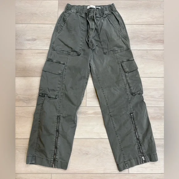 Abercrombie Fitch Baggy Cargo Pants Women S Army Green Pull-on Drawstring Zipper - Picture 1 of 9